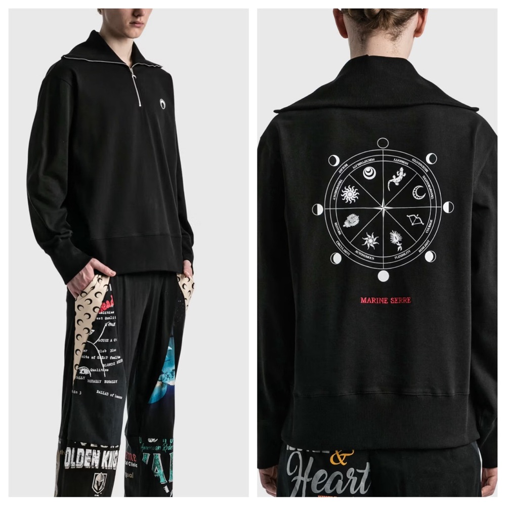 Marine Serre Ecofuturist Printed Half Zip Pullover Logo Sweatshirt in Black